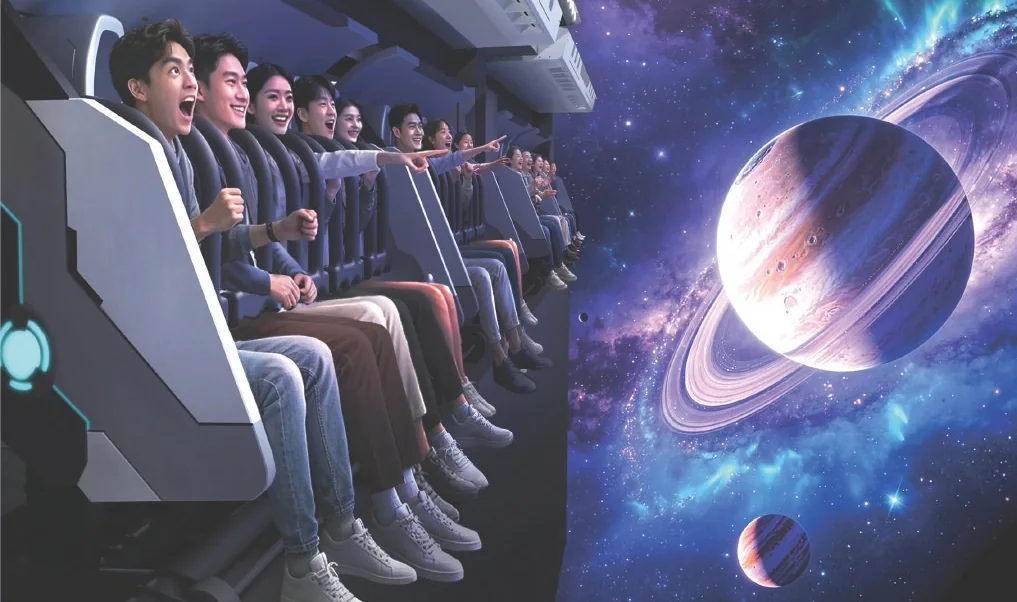 Imagen conceptual de un teatro de vuelo con asientos y pantalla inmersiva